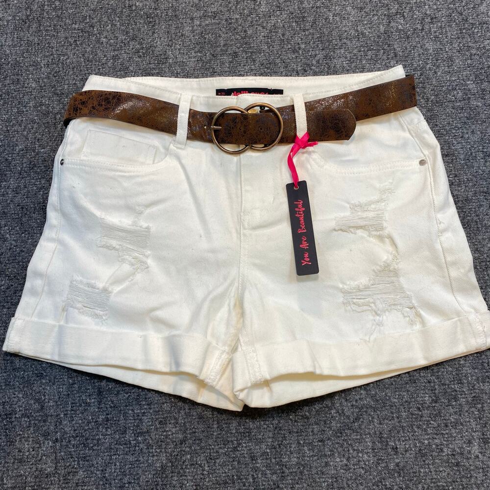 New Dollhouse White Distressed Jean Shorts Jorts Belted Cuffed Womens 11 - Picture 1 of 7